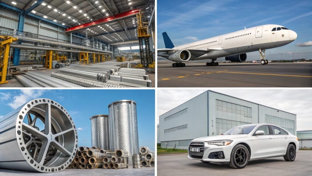 A diagram illustrating the diverse applications of aluminum alloys across various industries, with icons representing each sector.